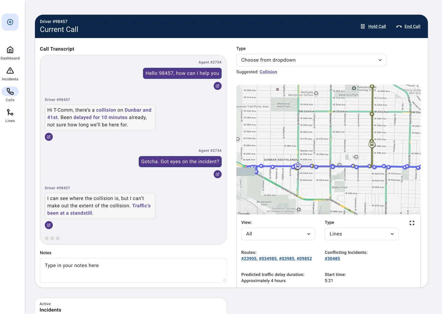 Current call screen with transcript and an incident type dropdown beside a route map