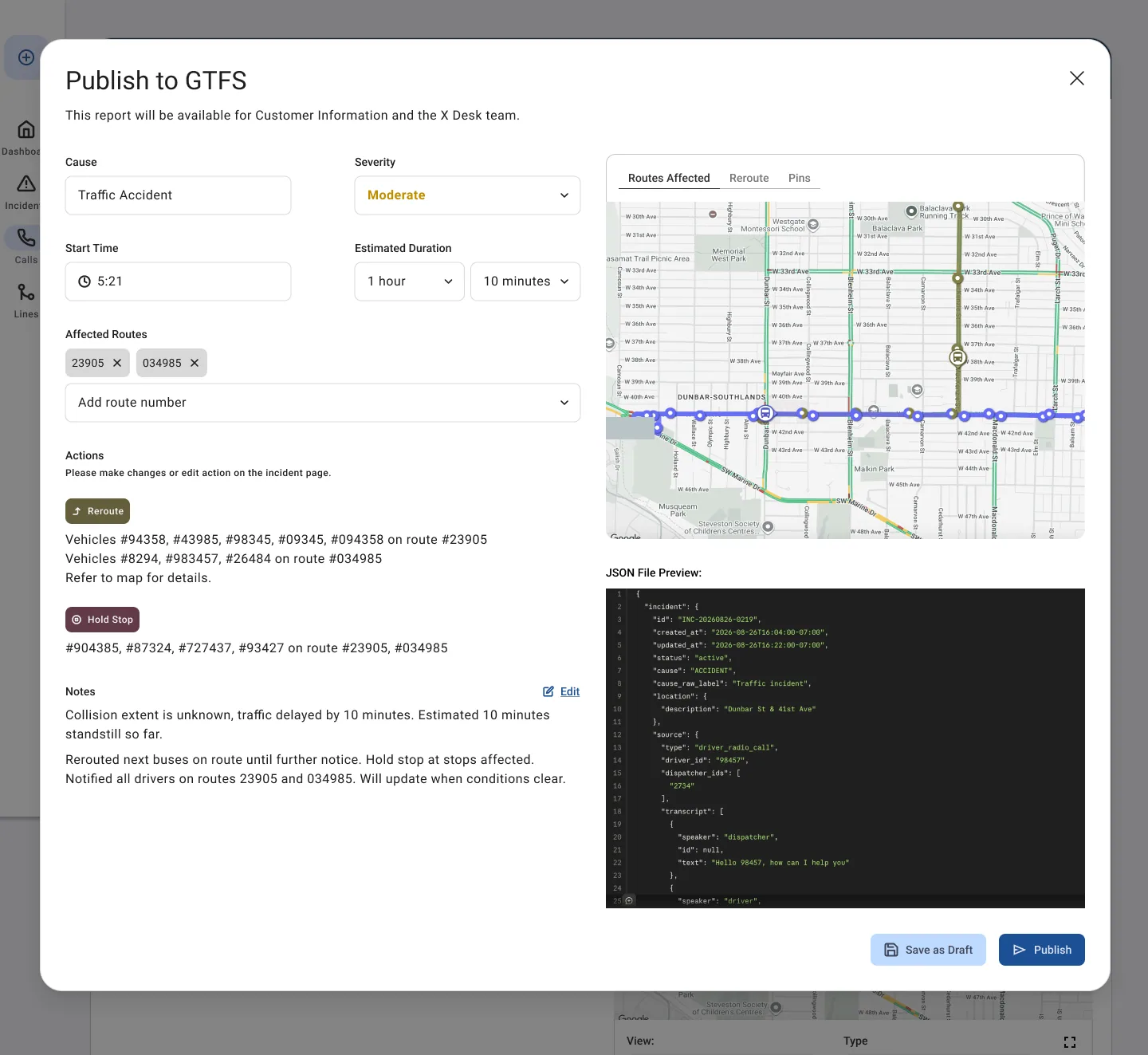 Publish to GTFS dialog with alert details, affected routes map and a JSON preview