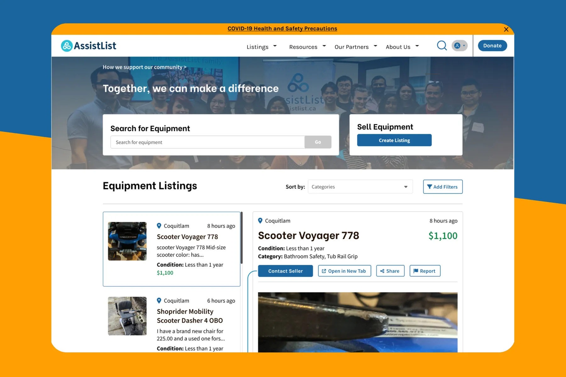 Redesigned AssistList homepage with equipment search and listings