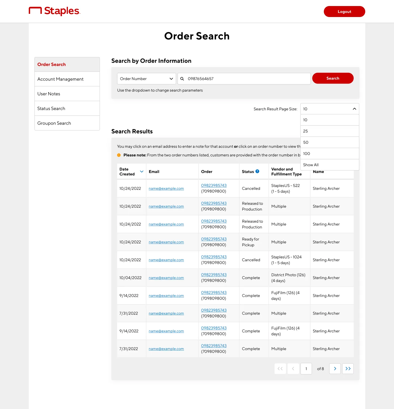 Redesigned ATC order search page with search fields and a results table
