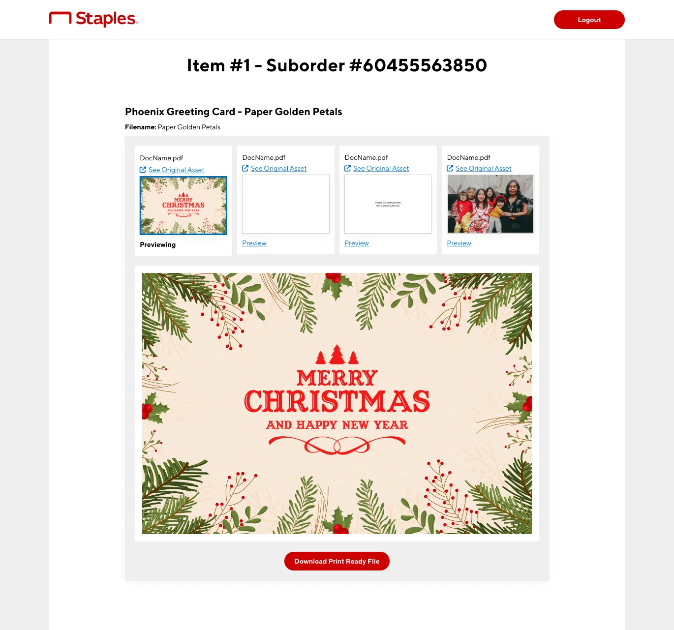 Redesigned ATC item page showing print file previews for a holiday greeting card