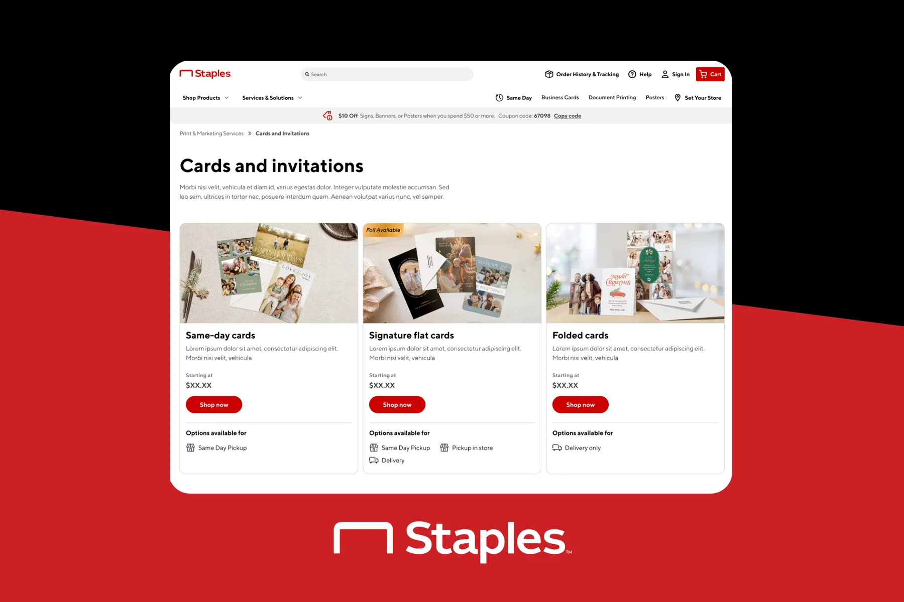 Staples Cards and Invitations category page with same-day, signature flat and folded card options