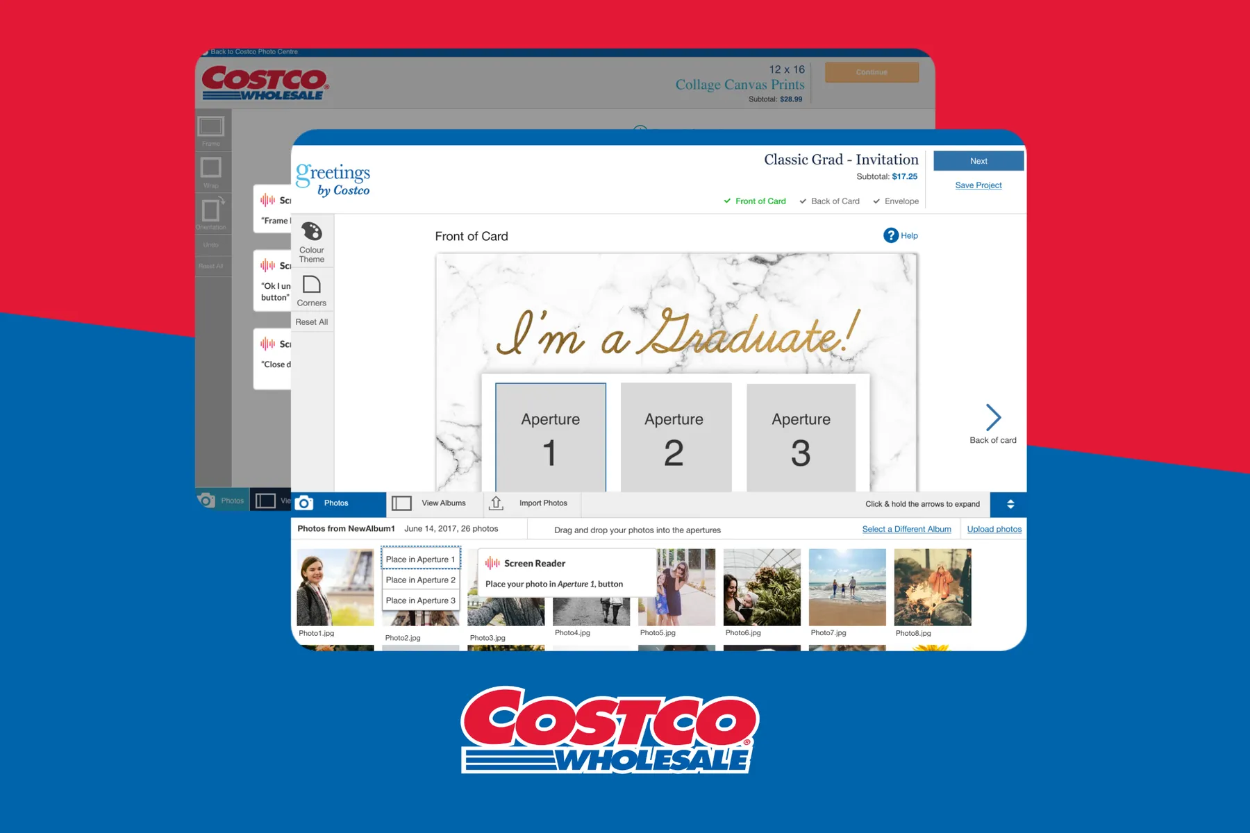 Costco Photo Centre greeting card editor with a three-photo layout and photo picker