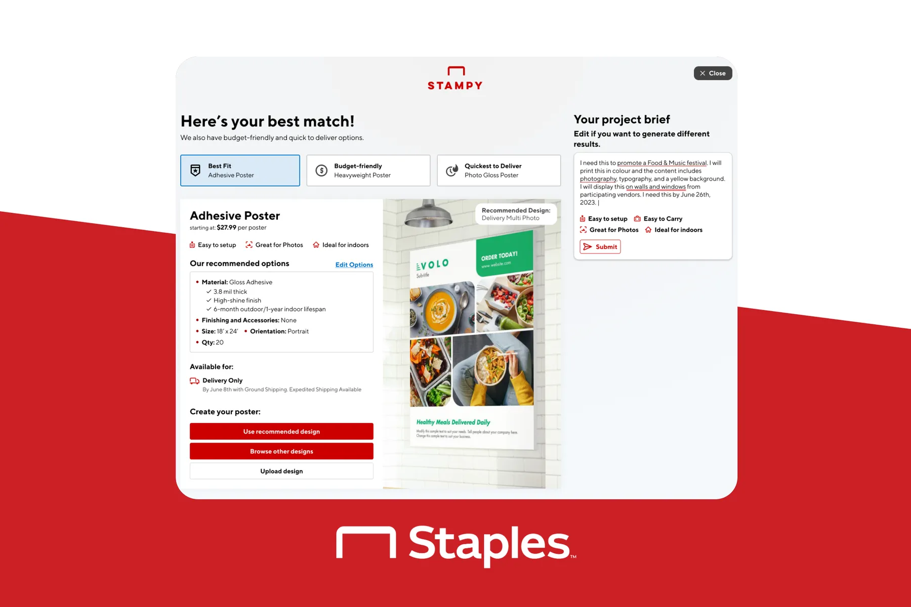 Staples AI product finder suggesting an adhesive poster as the best match for a project brief