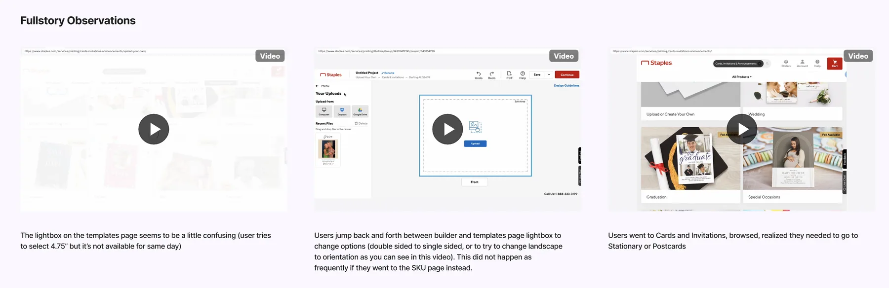 A screenshot from Figjam showing notes from Fullstory observations from initial research.