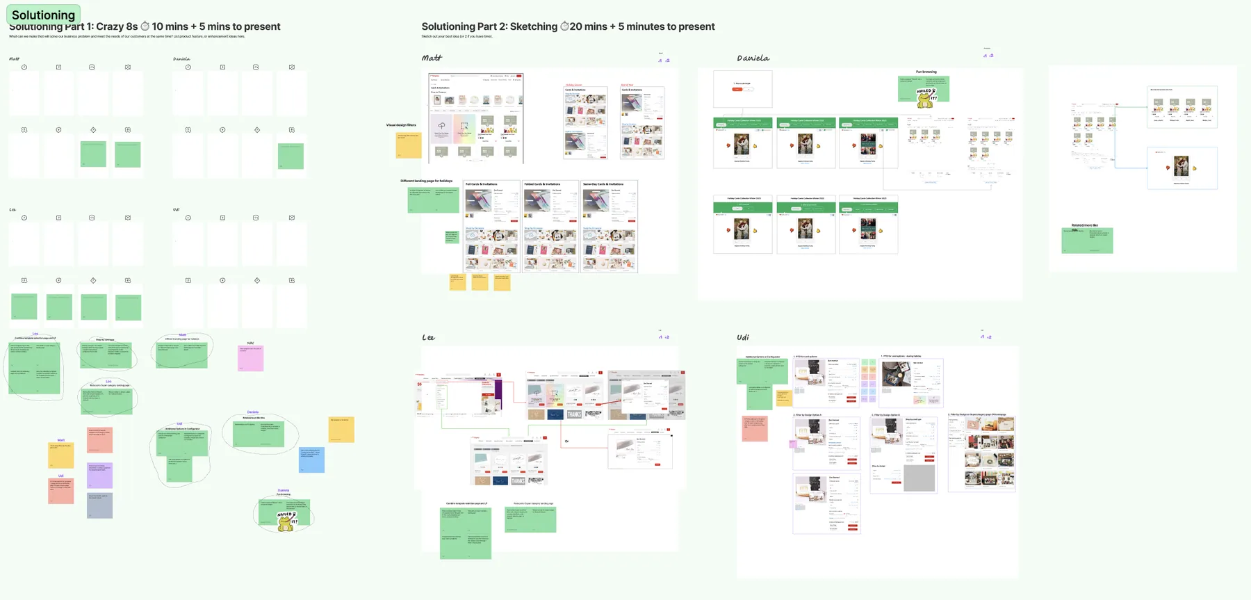 A screenshot from Figjam showing the solutioning board from the Lean UX Canvas.