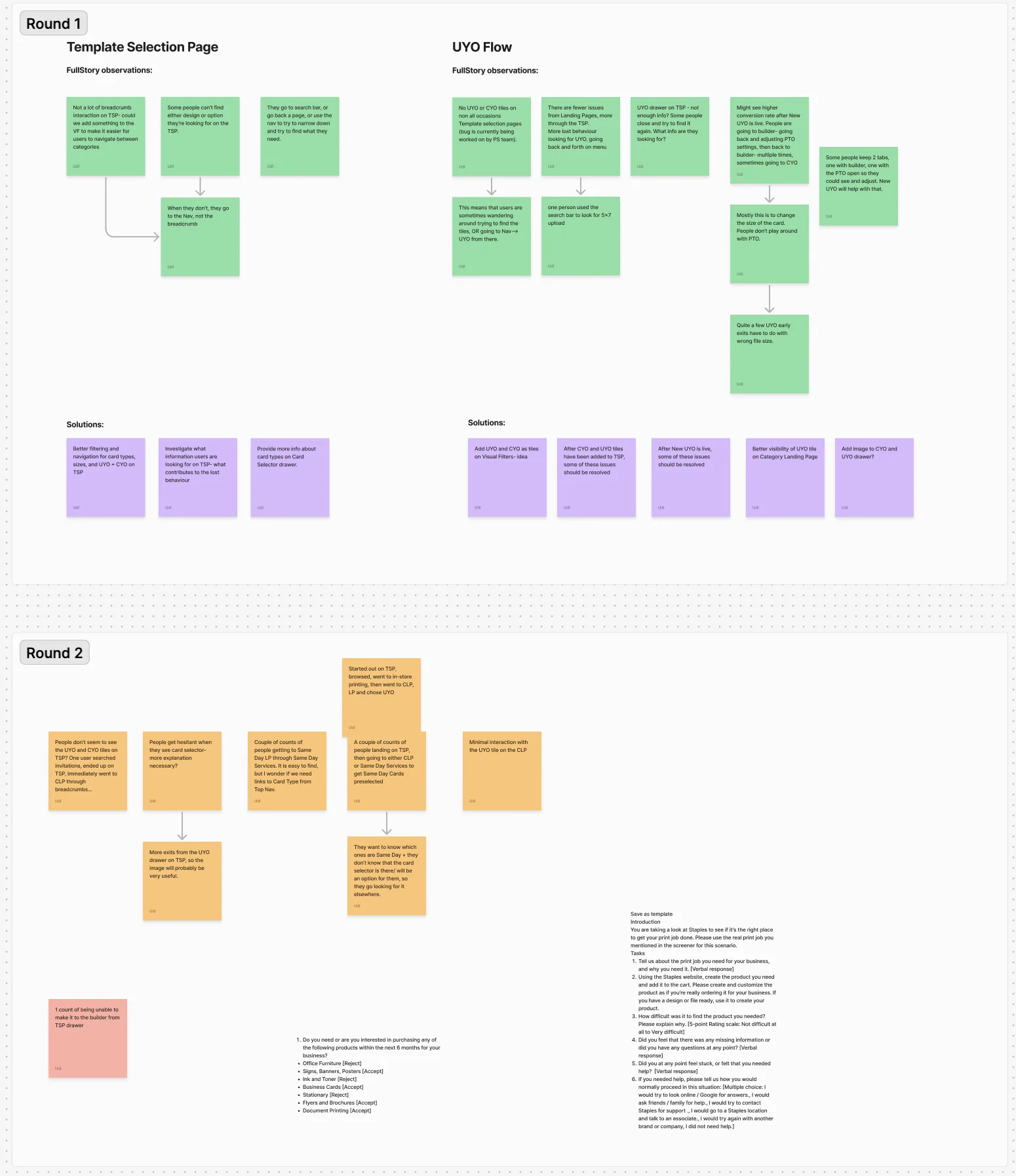 A screenshot of a Figjam board depicting notes and observations from Fullstory.