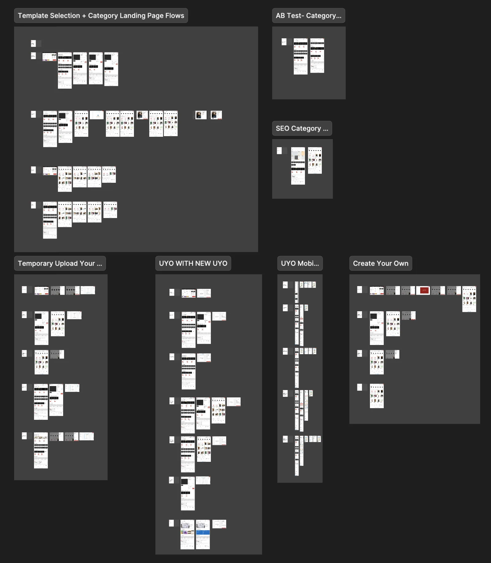 A screenshot of a Figma file showing all of the final flows that were designed for the Cards and Invitations flow.