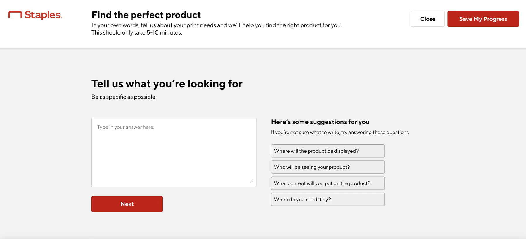 AI product finder screen asking 'Tell us what you're looking for' with suggested questions