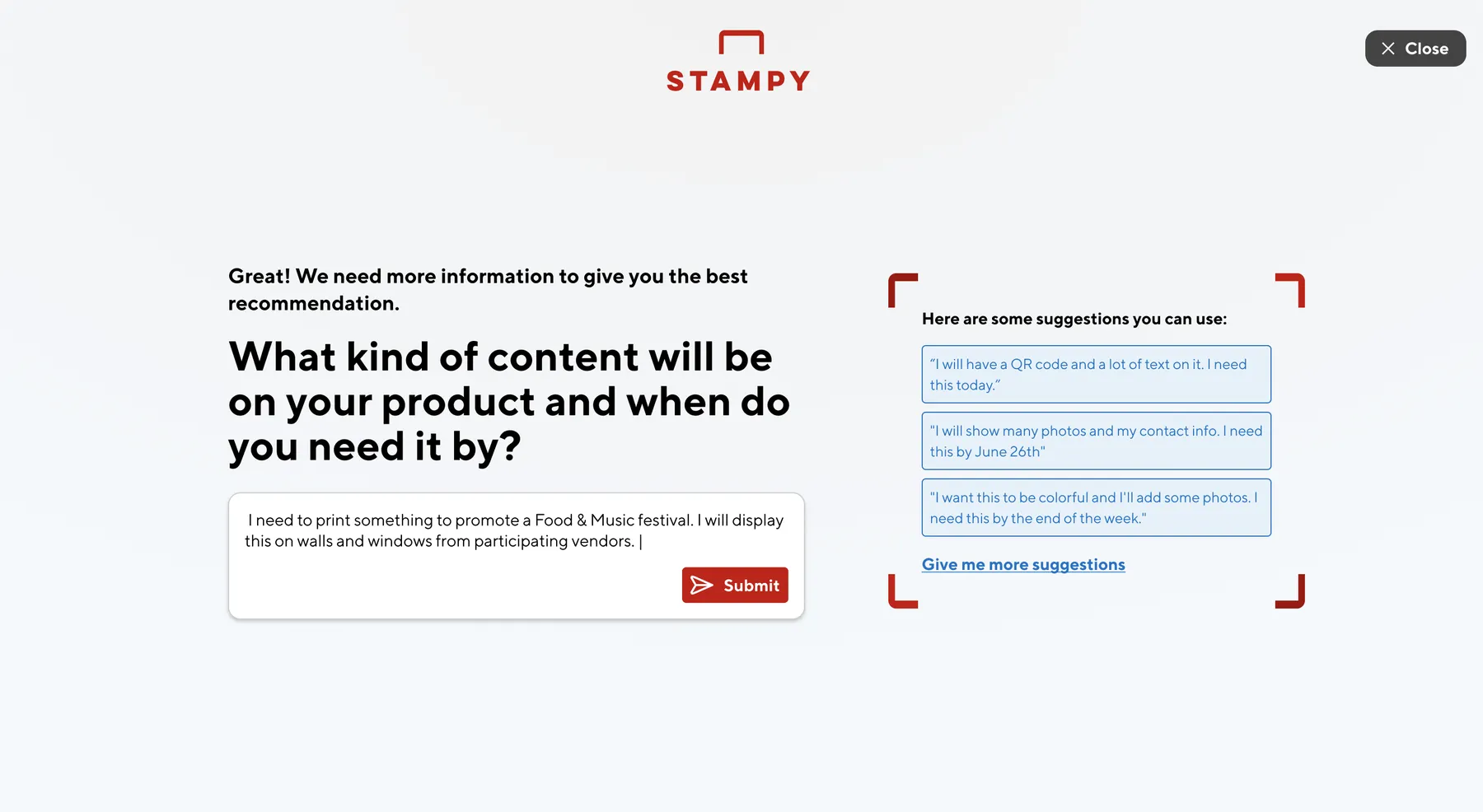 Screenshot of prototype showing an example of a follow-up question.