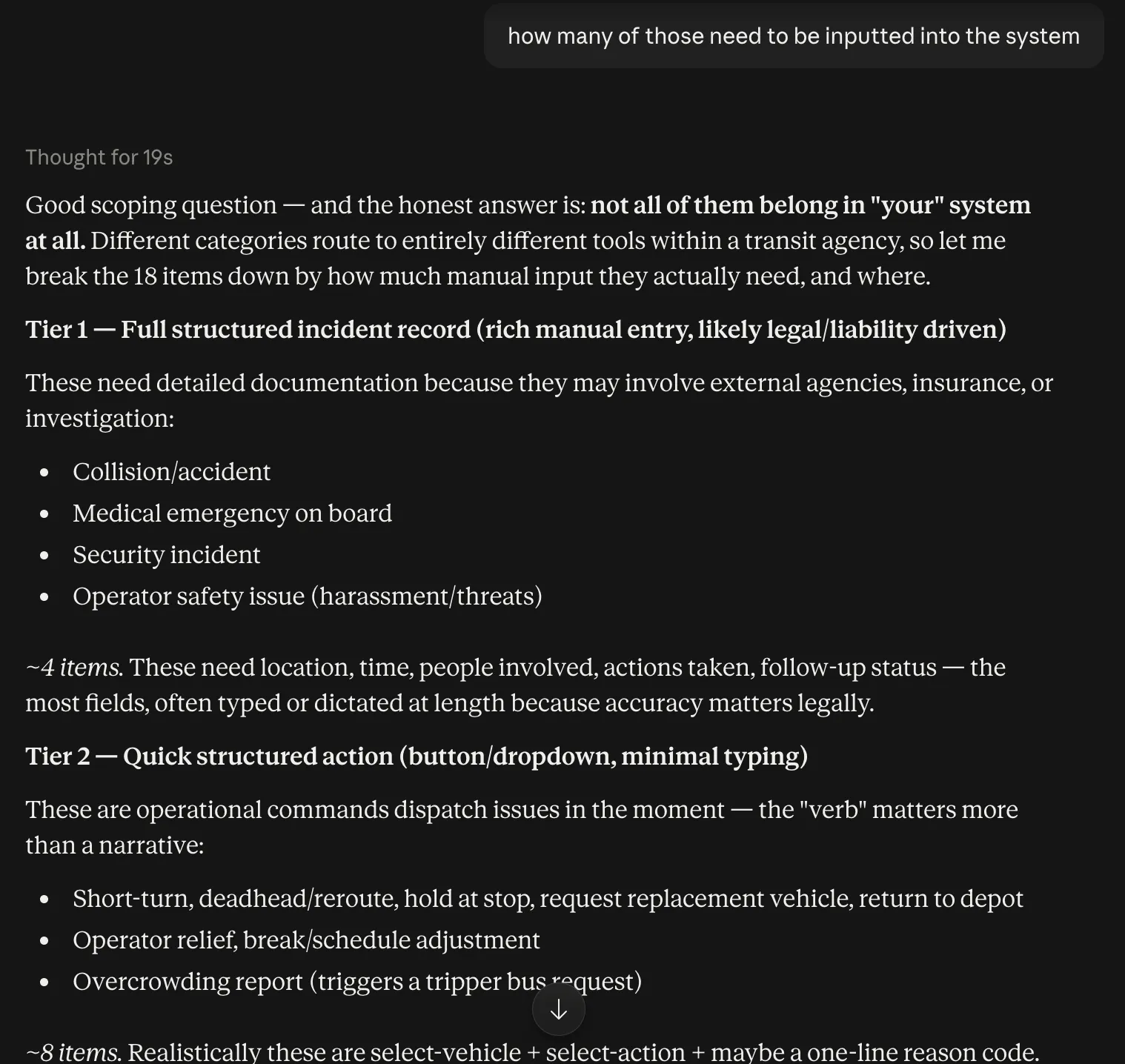 Claude's answer sorting service alert categories into tiers by how much manual input they need