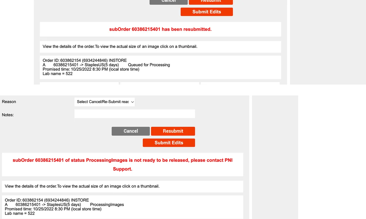 Old ATC resubmit screen with plain text order details and red status messages