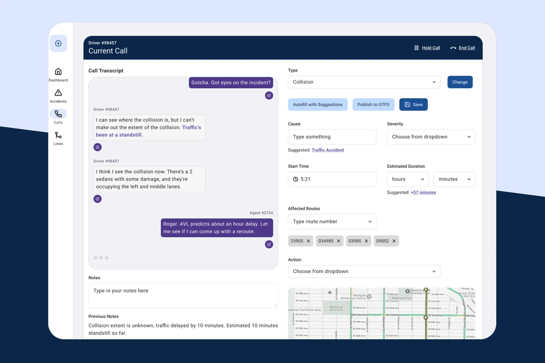 Service alert authoring tool showing a live call transcript beside incident fields and a route map